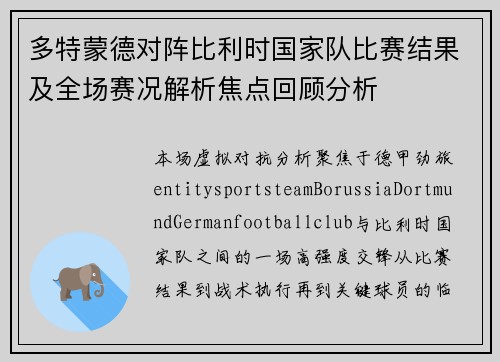 多特蒙德对阵比利时国家队比赛结果及全场赛况解析焦点回顾分析